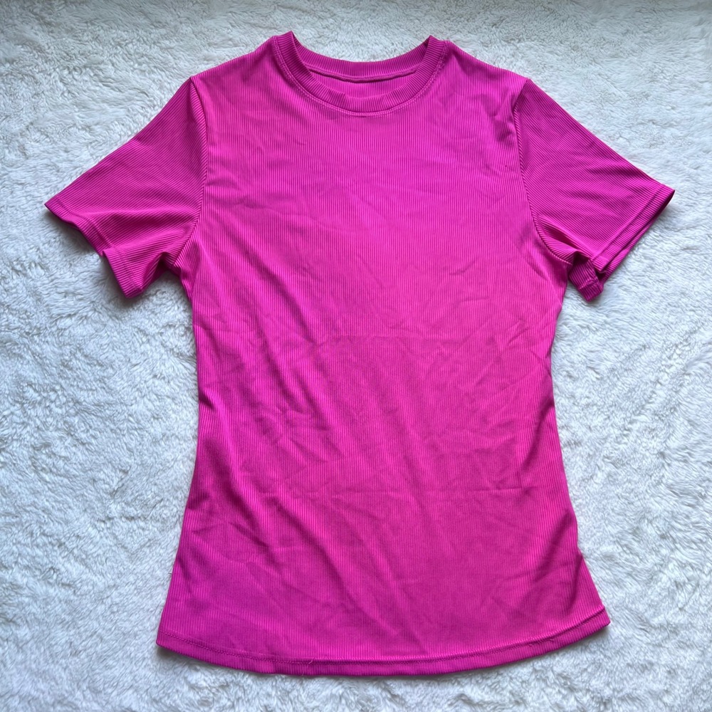 Fuchsia Pink Ribbed Short Sleeve Crew Neck Slim Fit Top Size Large NWOT